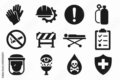 Solid safety icons. Includes symbols for prohibition, medical cross, chemical hazard, barricade, checklist and patient stretcher. Minimal vector safety set.