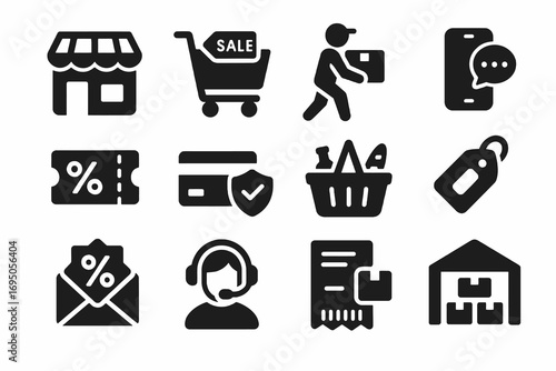 B2C icon set. Solid vector icons of store, cart, delivery, basket, coupon, secure payment, receipt and warehouse. Business to consumer modern pack.