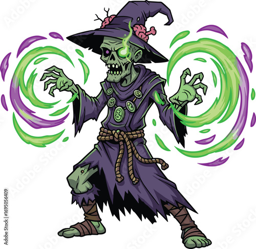 Skeletal sorcerer cartoon, undead wizard character, glowing magic orbs, fantasy necromancer design, cad drawing flat vector illustration, Halloween theme art