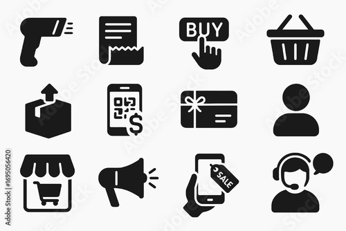 Solid B2C icon pack. Includes symbols for customer service, online shopping, buy button, store, sale and digital payments. Modern vector collection.