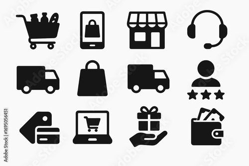 Solid B2C icon pack. Contains such symbols as shopping, online store, payment, headset, discount and wallet. Retail and customer experience vector set.