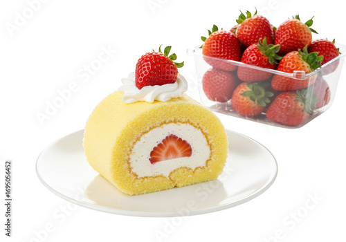 Wallpaper Mural A strawberry roll cake with cream and a container of fresh strawberries on a white surface on transparent background Torontodigital.ca