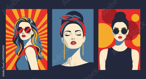 Pop art portraits of fashionable women with bold sunglasses and accessories, showcasing retro glamour, modern elegance, artistic style, and vibrant aesthetics for fashion, lifestyle, creative branding