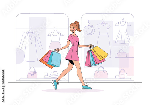 Flat style illustration of a happy woman shopping with multiple bags in a fashion store, representing retail therapy, lifestyle, consumer trends, and joyful urban shopping experiences