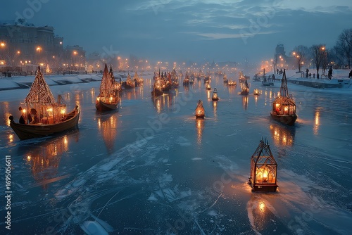 Fototapeta Naklejka Na Ścianę i Meble -  Frozen lake with decorated Christmas boat