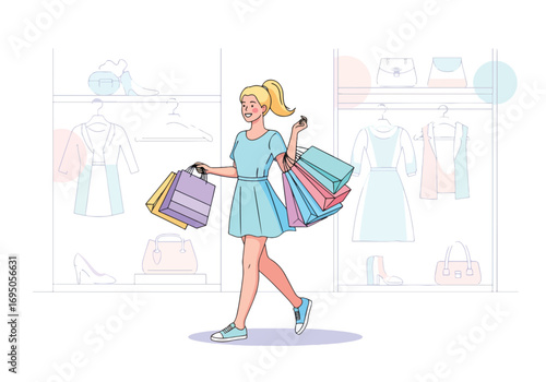 Flat style illustration of a happy woman shopping with multiple bags in a fashion store, representing retail therapy, lifestyle, consumer trends, and joyful urban shopping experiences