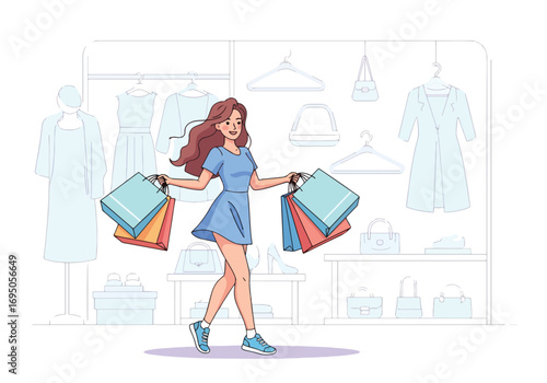 Flat style illustration of a happy woman shopping with multiple bags in a fashion store, representing retail therapy, lifestyle, consumer trends, and joyful urban shopping experiences