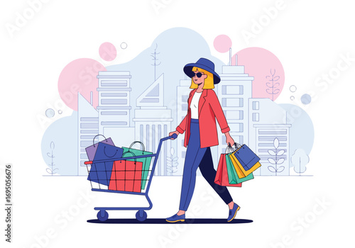 Flat style illustration of a fashionable woman shopping in the city with a cart full of bags, symbolizing retail therapy, consumer lifestyle, luxury spending, and modern urban shopping trends
