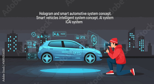Futuristic smart car technology with holographic interface controlled by augmented reality headset