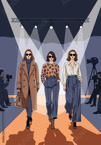 Vector art Poster of a fashion show runway with stylish models in modern outfits under spotlights, highlighting elegance, trendsetting design, and high-end style for fashion branding and marketing