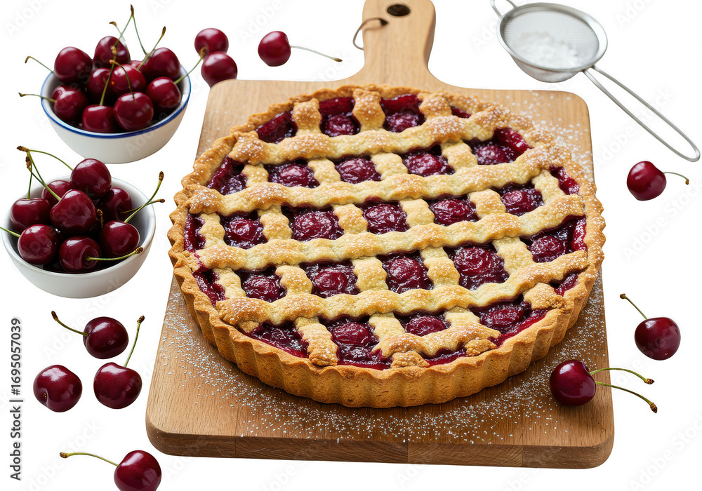 custom made wallpaper toronto digitalA lattice cherry pie on a wooden board with bowls of cherries and a sifter next to the pie on transparent background