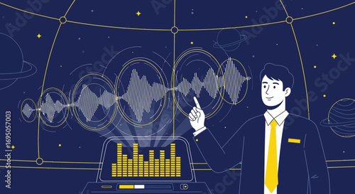 Futuristic sound engineer analyzing audio waveforms in a digital control room setting