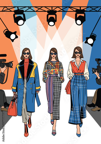 Vector art Poster of a fashion show runway with stylish models in modern outfits under spotlights, highlighting elegance, trendsetting design, and high-end style for fashion branding and marketing