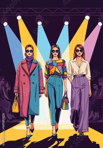 Vector art Poster of a fashion show runway with stylish models in modern outfits under spotlights, highlighting elegance, trendsetting design, and high-end style for fashion branding and marketing