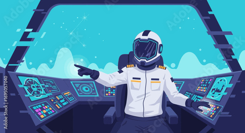 Futuristic space pilot navigating spacecraft with advanced technology interface display