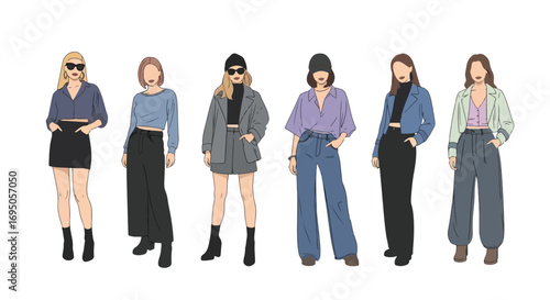 Flat style illustration of fashionable women in modern outfits and sunglasses, highlighting trendy streetwear, confidence, and contemporary style for fashion design, lifestyle branding