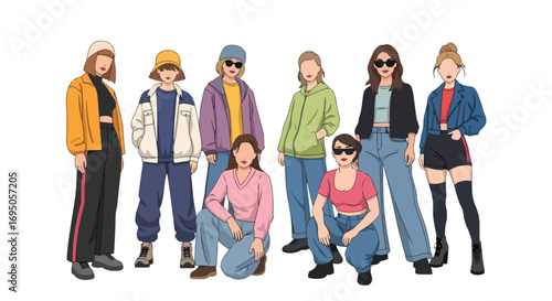 Flat style illustration of fashionable women in modern outfits and sunglasses, highlighting trendy streetwear, confidence, and contemporary style for fashion design, lifestyle branding