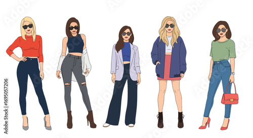 Flat style illustration of fashionable women in modern outfits and sunglasses, highlighting trendy streetwear, confidence, and contemporary style for fashion design, lifestyle branding