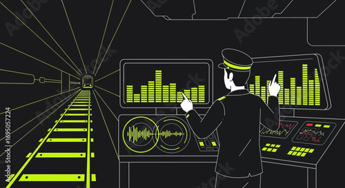 Futuristic subway train conductor in control room managing train operations illustration