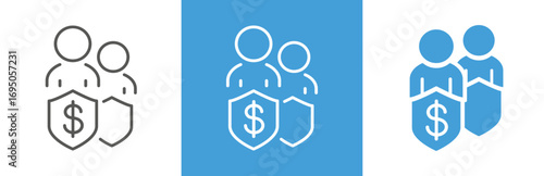 flat and linear set icons, social protection of the people, confidentiality business group, financial protect, shield safety human, simple symbols on white and black background - editable stroke vecto