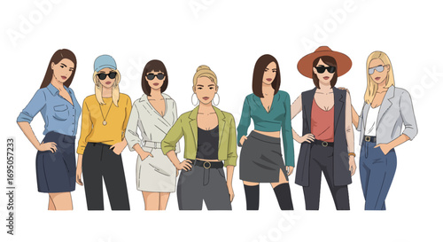 Flat style illustration of fashionable women in modern outfits and sunglasses, highlighting trendy streetwear, confidence, and contemporary style for fashion design, lifestyle branding