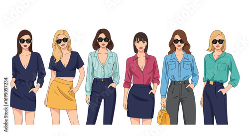 Flat style illustration of fashionable women in modern outfits and sunglasses, highlighting trendy streetwear, confidence, and contemporary style for fashion design, lifestyle branding