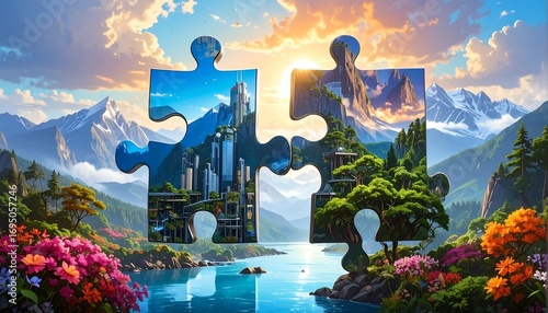 Two large puzzle pieces depict contrasting scenes a modern cityscape and a serene natural landscape. 