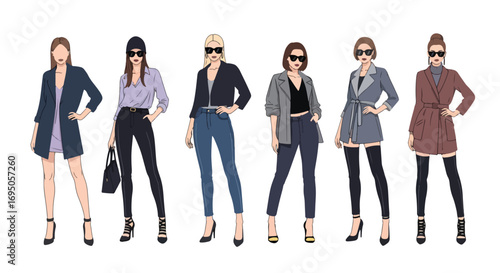 Flat style illustration of fashionable women in modern outfits and sunglasses, highlighting trendy streetwear, confidence, and contemporary style for fashion design, lifestyle branding