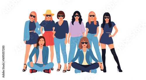 Flat style illustration of fashionable women in modern outfits and sunglasses, highlighting trendy streetwear, confidence, and contemporary style for fashion design, lifestyle branding