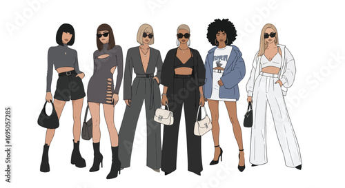 Flat style illustration of fashionable women in modern outfits and sunglasses, highlighting trendy streetwear, confidence, and contemporary style for fashion design, lifestyle branding