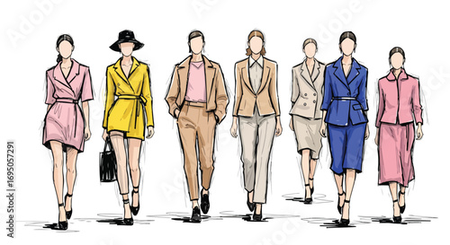 Fashion sketch illustration of models walking runway in stylish business and casual outfits, highlighting modern trends, elegance, and creative design for clothing, branding, and lifestyle projects