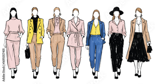 Fashion sketch illustration of models walking runway in stylish business and casual outfits, highlighting modern trends, elegance, and creative design for clothing, branding, and lifestyle projects