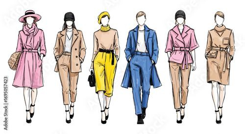 Fashion sketch illustration of models walking runway in stylish business and casual outfits, highlighting modern trends, elegance, and creative design for clothing, branding, and lifestyle projects