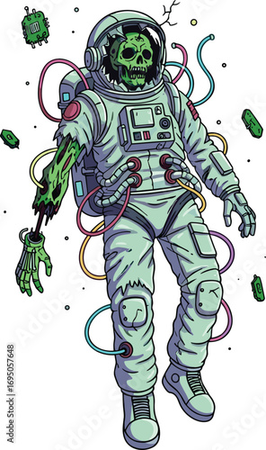 Zombie astronaut cyborg cartoon, skeletal space explorer, sci-fi horror decay, cad drawing flat vector illustration, Halloween tech theme art