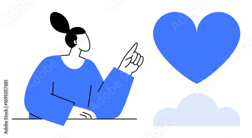 Woman gesturing toward a large blue heart floating above a cloud, representing love, care, connection, positivity, emotion, mindfulness, and wellness. Ideal for self-care app social campaign