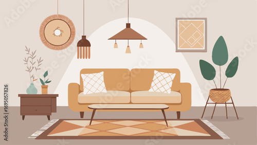 An open concept living space with a mix of Scandinavian and bohemian elements such as a neutralcolored sofa a vintage rug and a rattan pendant light.