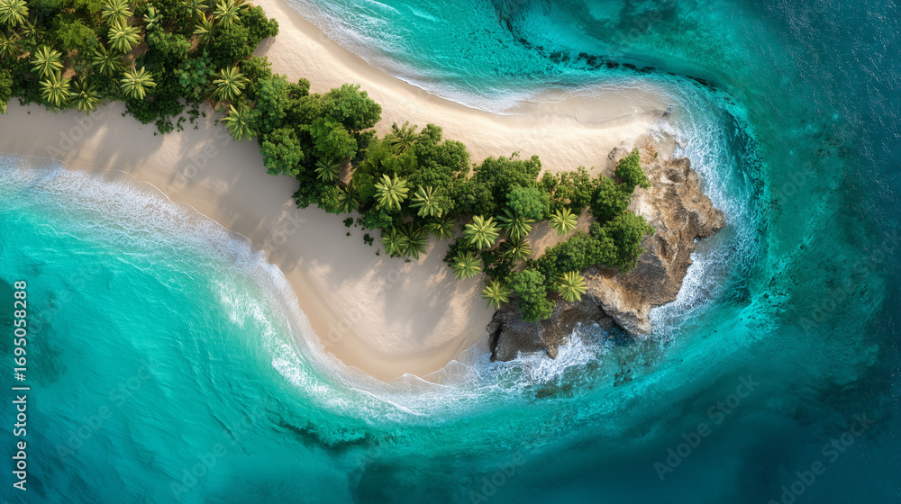 Fototapeta premium Aerial View of Tropical Beach and Turquoise Ocean Water with White Sand