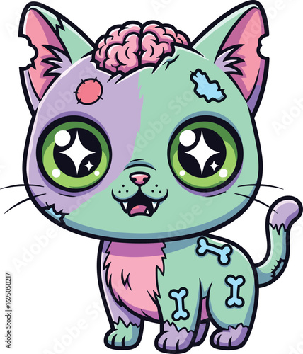 Zombie cat cartoon, exposed brain feline, Halloween undead pet, cute horror animal, cad drawing flat vector illustration, spooky character art