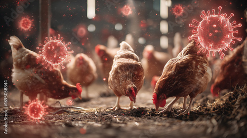 Hens in a Coop Surrounded by Red Virus Particles Concept of Bird Flu or Animal Disease