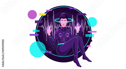 Futuristic woman interacting with virtual reality interface and sound wave visual effects