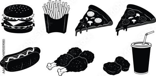 Fast food silhouettes, hamburger, French fries, pizza, hot dog, fried chicken, nuggets, soft drink, snack, takeaway meal, street food