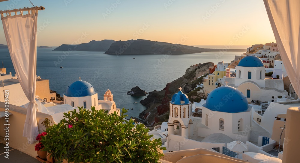 Fototapeta premium View of santorini greece with blue domed churches and ocean at sunset from balcony with curtains