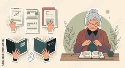 Hand-drawn vector art featuring an elderly woman knitting, surrounded by books and notes