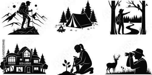 Outdoor adventure silhouettes, hiking, camping, eco lodge, tree planting, wildlife watching, nature exploration, sustainable living, forest conservation, environmental care, travel tourism