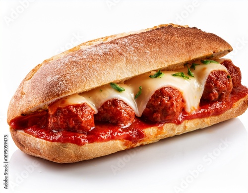savory meatball sub sandwich with marinara sauce and melted cheese isolated on white background