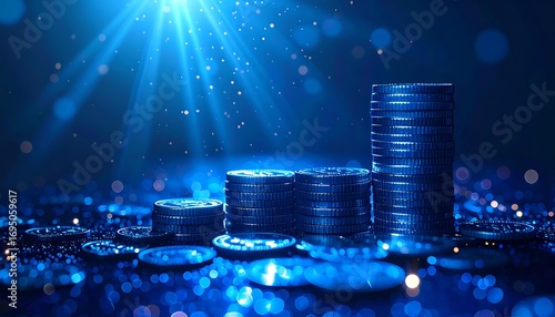 Stacked coins illuminated by light rays against a bokeh background. The image conveys wealth, financial growth, and investment. The overall effect is a sense of prosperity and value