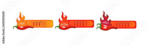 Chili spicy meter Paprika hot meter sign for label of product. Spicy food mild and extra hot sauce chili pepper red icons.