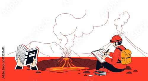 Illustrated conceptual scene showing research and study of volcanic activity and reading