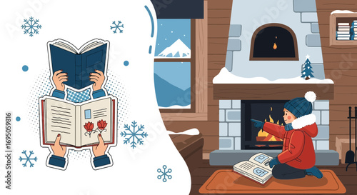 Illustration depicting a cozy winter scene with reading books and warm fireplace vibes