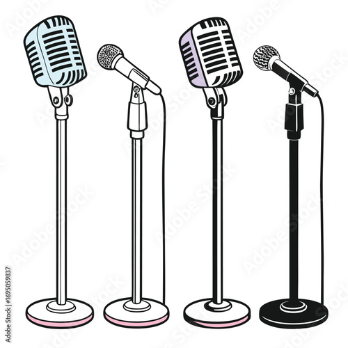 Four Vintage Microphones on Stands with Colored Accents
